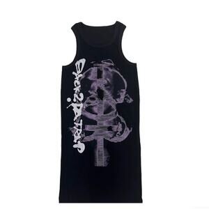 Japanese Cracked Graphic Print Purple Black Thermal Tank Top Wifebeater Shirt- S